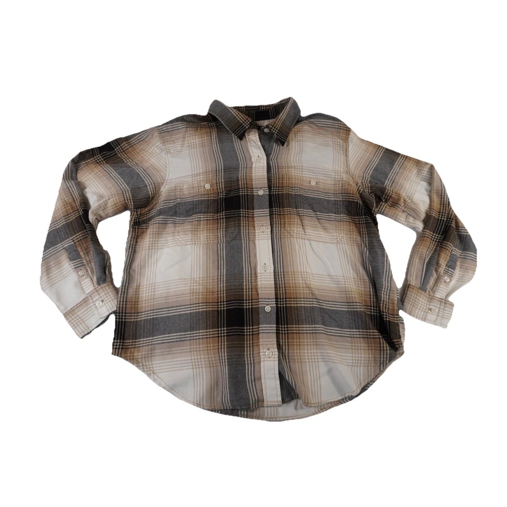 Banana Republic Flannel Shirt Womens Large Beige Brown Plaid‎ Casual Button Up
